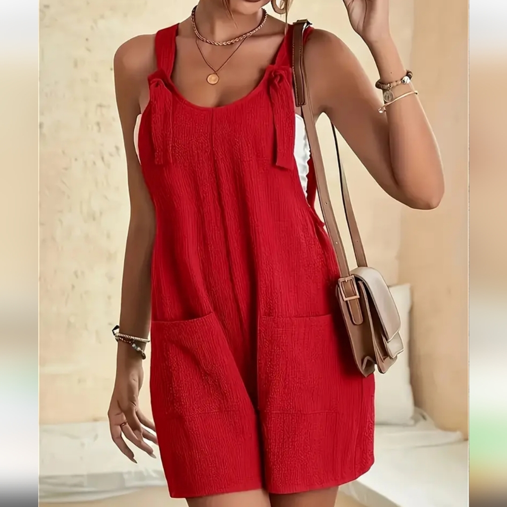 Red Sleeveless Romper with Pockets